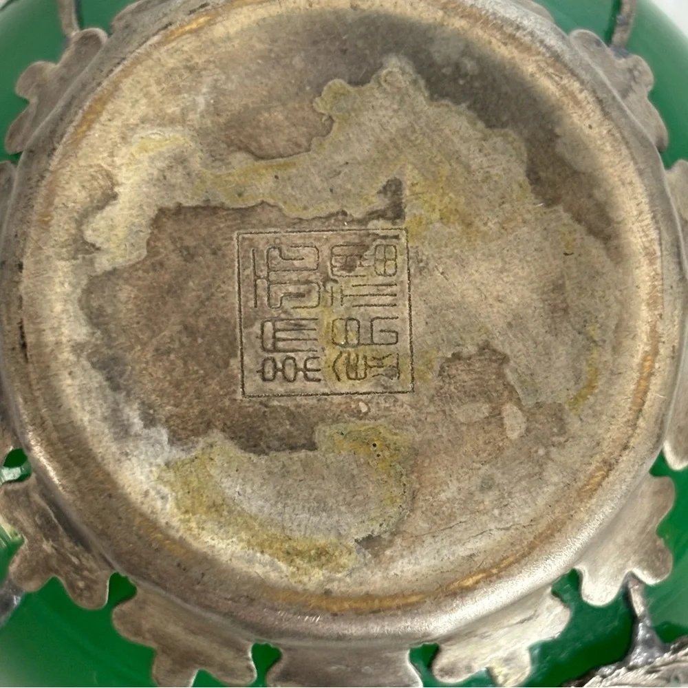 Chinese Green jade colored glass Bowls Metal Mount with Dragon & Phoenix vintage - Picture 7 of 9